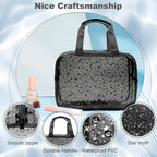 Clear Black Star Large Makeup Bag with Star Pattern 12x5x8 inch, Travel Cosmetic Bag with Handle, Durable PVC Material Washbag Zipper Opening Design for Makeup Travel Organizer or Gym Use