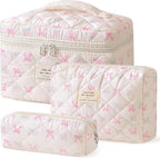 HBselect Quilted Makeup Bag, 3PCS Cotton Large Travel Makeup Bag, Cute Floral Coquette Make up Bag Cosmetic Bag Toiletry Bag for Women Girls