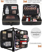 Relavel Makeup Case Large Makeup Bag Professional Train Case 16.5 inches Travel Cosmetic Organizer Brush Holder Waterproof Makeup Artist Storage Box, 3 Layer Large Capacity, with Adjustable Strap