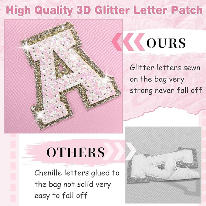 Small Personalized Initial A-Z Patch Makeup Bag,Pink Cute PU Leather Glitter Letter Cosmetic Bag for Teen Girls,Travel Toiletry Bag with Zipper,Preppy Monogrammed Birthday Gift for Daughter Niece X
