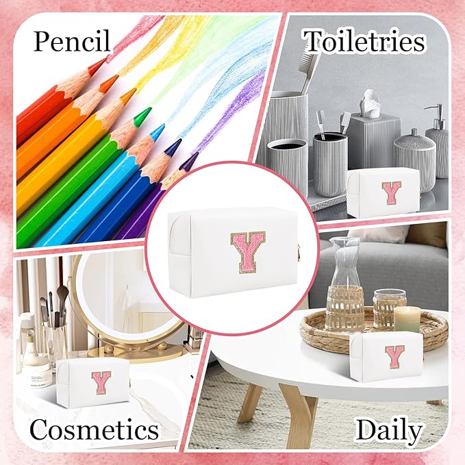 Small Personalized Letter Makeup Bag, Cute PU Leather Chenille Letters Cosmetic Bag Travel Makeup Pouch, Preppy Travel Organizer Zipper Pouch for Women&Girls（WhitePink-Y）