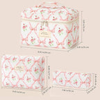 HBselect Quilted Makeup Bag, 3PCS Cotton Large Travel Makeup Bag, Cute Floral Coquette Make up Bag Cosmetic Bag Toiletry Bag for Women Girls