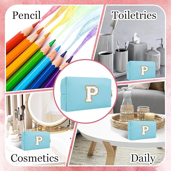 Small Personalized Letter Makeup Bag, Cute PU Leather Chenille Letters Cosmetic Bag Travel Makeup Pouch, Preppy Travel Organizer Zipper Pouch for Women&Girls（Blue-P）