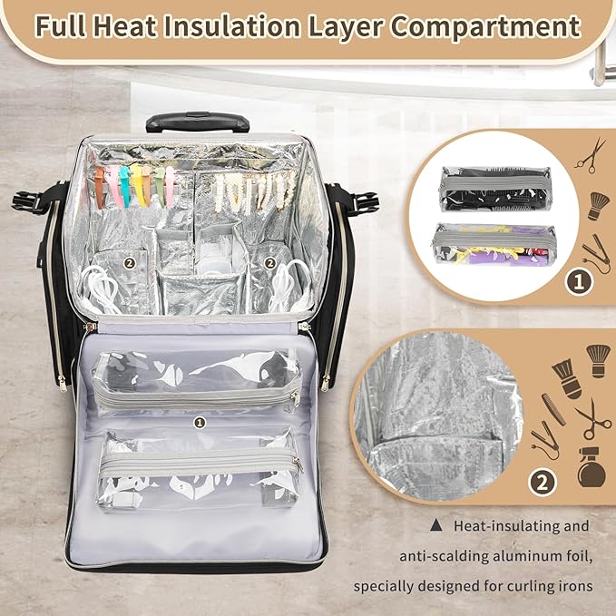 OCHEAL Hairstylist Traveling Case with a Large Makeup Travel Case for Hairstylist, Hairdresser Bag with Detachable Pouch,360° Rotatable Wheelsfor Hairdressing Tool Organizer