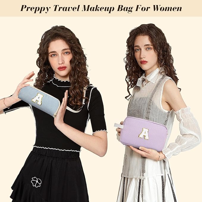 Travel Makeup Bag Christmas Gifts for Women Girl Teens, Personalized Initial Makeup Bag for Cute Teen Girls, Preppy Stuff Toiletry Bag Cosmetic Bag, Teen Girls Gift Trendy Stuff, Letter F