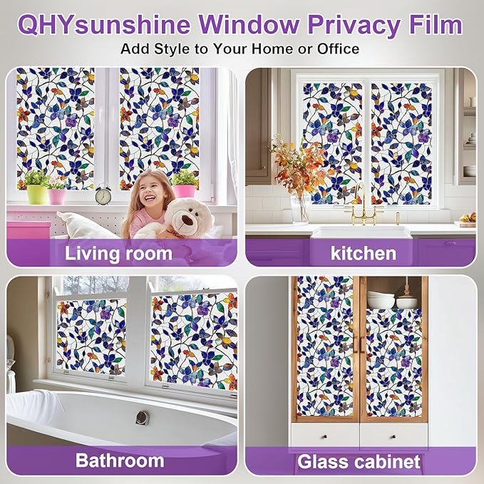 Window Privacy Film Stained Glass Window Film Frosted Window Film Window clings Non-Adhesive Reusable Decorative for Home Removable (Purple Frosted,17.5 X 157.4 in