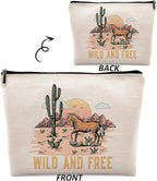 Wild and Free Cowgirl Cosmetic Bag, Wild West Retro Western Horse Cactus Desert Makeup Bag Zipper Cosmetic Pouch Bag Travel Linen Makeup Organizer, Cowgirl Gifts for Women Girls Teen Girls Her
