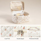 HBselect Quilted Makeup Bag, 3PCS Cotton Large Travel Makeup Bag, Cute Floral Coquette Make up Bag Cosmetic Bag Toiletry Bag for Women Girls