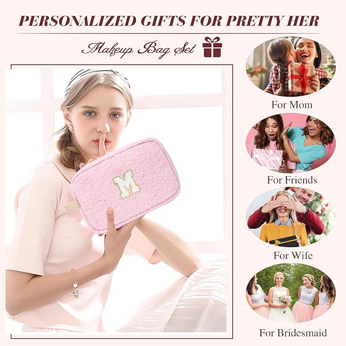 2PCS Makeup Bag with Initials, Christmas Day Gifts for Teen Girls Trendy Stuff, Personalized Cosmetic Travel Bag Pouch for Granddaughter, Cute Plush Make up Bags for Birthday - Pink L