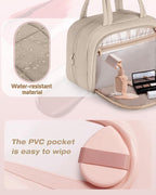 Travel Toiletry Bag for Women with Hanging Hook, Water Resistant Puffy Makeup Organizer with Leak Proof Pockets for Toiletries and Cosmetics - Khaki (Bag Only)