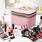 8.8L Double Layer Travel Makeup Bag With Mirror For Women, Large Cosmetic Case, Organizer for Travel-Size Accessories Bottles, Brushes,and Skin Care Products, 2.33 GAL, Pink