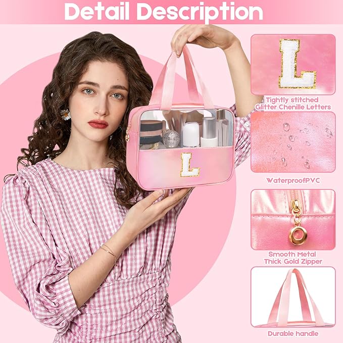 Initial Clear Makeup Bag Personalized Pink Clear Cosmetic Bag, Cute Large Make Up Bags Organizer Bag, Travel Toiletry Bag for Women Girl Gifts C (Pink)