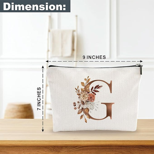 A-Z Boho Personalized Cosmetic Bag-Floral Cotton Letter Makeup Bag With Zipper-Artistic Cosmetic Bag For Travel-Bride,Birthday Gift For Women Daughter Friends-Women Makeup Organizer-A07