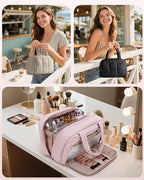 Travel Toiletry Bag for Women with Hanging Hook, Water Resistant Puffy Makeup Organizer with Leak Proof Pockets for Toiletries and Cosmetics - Khaki (Bag Only)