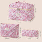 HBselect Quilted Makeup Bag, 3PCS Cotton Large Travel Makeup Bag, Cute Floral Coquette Make up Bag Cosmetic Bag Toiletry Bag for Women Girls