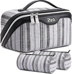 BOYATU Travel Makeup Bag for Women: Large Capacity Open Flat Make up Bag Set of 3 - Vegan Leather Cosmetic Bag with Compartments - Waterproof Toiletry Bag with Handle & Divider(I-2-Black)