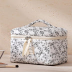 HBselect Quilted Makeup Bag, 3PCS Cotton Large Travel Makeup Bag, Cute Floral Coquette Make up Bag Cosmetic Bag Toiletry Bag for Women Girls