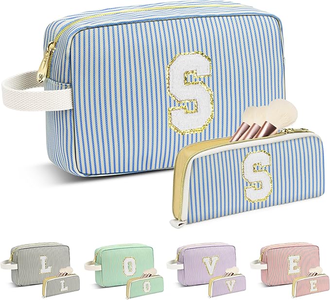 Travel Makeup Bag Christmas Gifts for Women Girl Teens, Personalized Initial Makeup Bag for Cute Teen Girls, Preppy Stuff Toiletry Bag Cosmetic Bag, Teen Girls Gift Trendy Stuff, Letter S