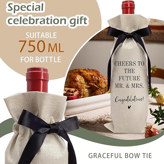 RYIGYWE 1 PCS Black Bow Ribbon Ideas Engagement Gift Wine Bag - Bride to Be Gifts for Bridesmaids Bride Groom Couples Her Him Officiant Gift for Getting Married Engagement Bridal Shower - A44