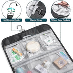 PAVILIA Hanging Toiletry Bag Women Men, Travel Kit Foldable Large Toiletries Organizer, Roll up Cosmetics Makeup Bag Accessories, Waterproof Essentials Jewelry Case (Black)