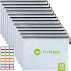 12PCS Mesh Zipper Pouch, Waterproof Tear-Resistant Document File Folders, A3 Size Zipper Documents Pouch Document Organizer Bags for School Office Home Travel Storage(17×12Inch)