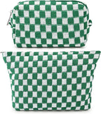 SOIDRAM 2 Pieces Makeup Bag Large Checkered Cosmetic Bag Capacity Canvas Mix Travel Toiletry Bag Organizer Cute Makeup Brushes Aesthetic Accessories Storage Bag for Women, Checkered Mix Green