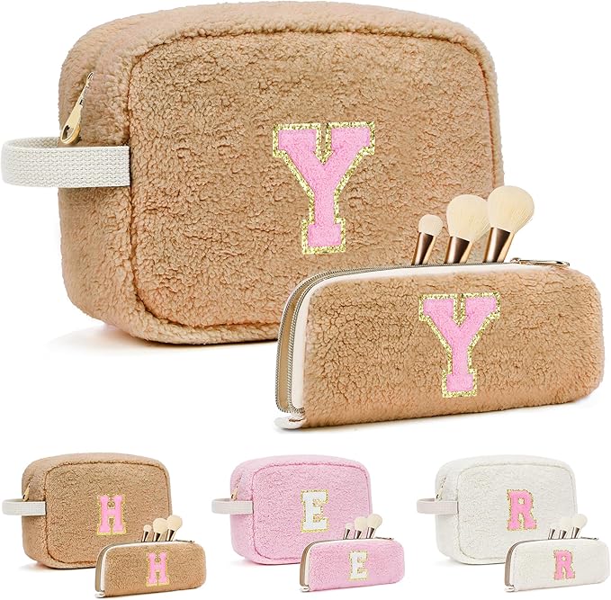 for Christmas Day Gifts, Personalized Initial Cosmetic Bag Pouch for Teen Girls, Preppy Makeup Travel Bags for Daughter Sister Girlfriend, Monogramed Make Up Pouch for Birthday Gifts - Brown Y