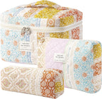 HBselect Quilted Makeup Bag, 3PCS Cotton Large Travel Makeup Bag, Cute Floral Coquette Make up Bag Cosmetic Bag Toiletry Bag for Women Girls