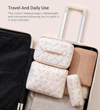 HBselect Quilted Makeup Bag, 3PCS Cotton Large Travel Makeup Bag, Cute Floral Coquette Make up Bag Cosmetic Bag Toiletry Bag for Women Girls