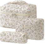 HBselect Quilted Makeup Bag, 3PCS Cotton Large Travel Makeup Bag, Cute Floral Coquette Make up Bag Cosmetic Bag Toiletry Bag for Women Girls