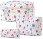 HBselect Quilted Makeup Bag, 3PCS Cotton Large Travel Makeup Bag, Cute Floral Coquette Make up Bag Cosmetic Bag Toiletry Bag for Women Girls