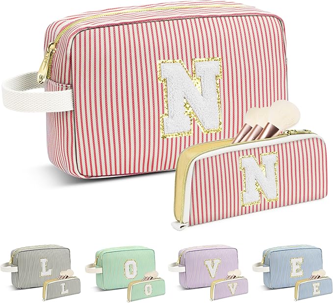 Travel Makeup Bag Christmas Gifts for Women Girl Teens, Personalized Initial Makeup Bag for Cute Teen Girls, Preppy Stuff Toiletry Bag Cosmetic Bag, Teen Girls Gift Trendy Stuff, Letter N