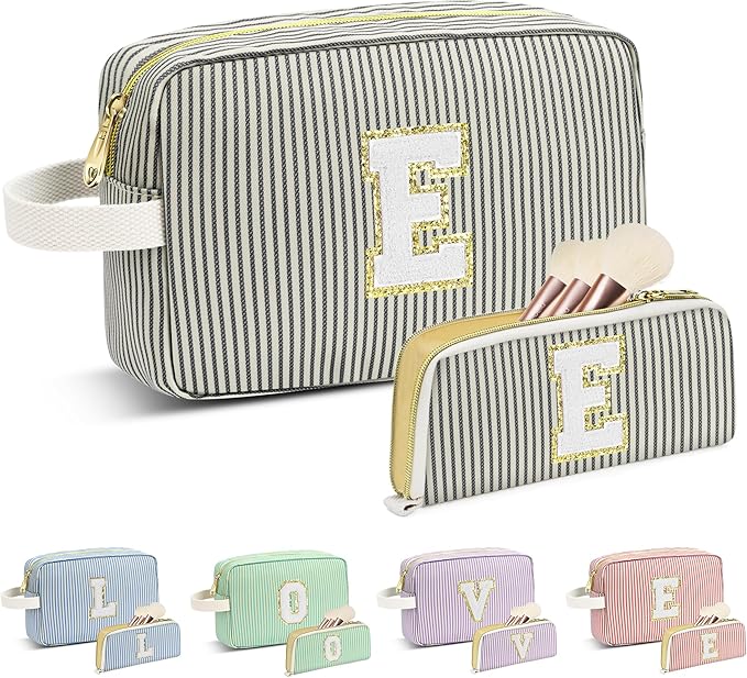 Travel Makeup Bag Christmas Gifts for Women Girl Teens, Personalized Initial Makeup Bag for Cute Teen Girls, Preppy Stuff Toiletry Bag Cosmetic Bag, Teen Girls Gift Trendy Stuff, Letter E