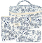 3Pcs Cotton Quilted Makeup Bag for Women Girls Large Small Travel Black Floral Cosmetic Bags Set Cute Coquette Makeup Pouch for Purse Aesthetic Cloth Flower Storage Toiletry Bag Organizer