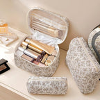 HBselect Quilted Makeup Bag, 3PCS Cotton Large Travel Makeup Bag, Cute Floral Coquette Make up Bag Cosmetic Bag Toiletry Bag for Women Girls
