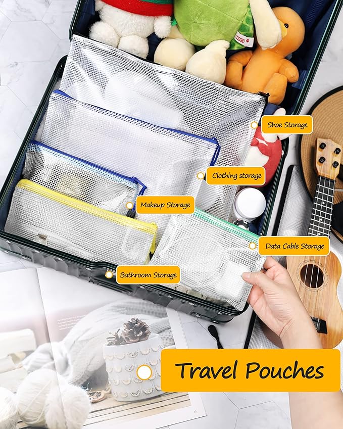 SUNEE Multisize Mesh Zipper Pouches (7 Colors, 21 Packs), Water-Resistant Zip Bag for School Office Supplies, Puzzles & Games Organizing Storage