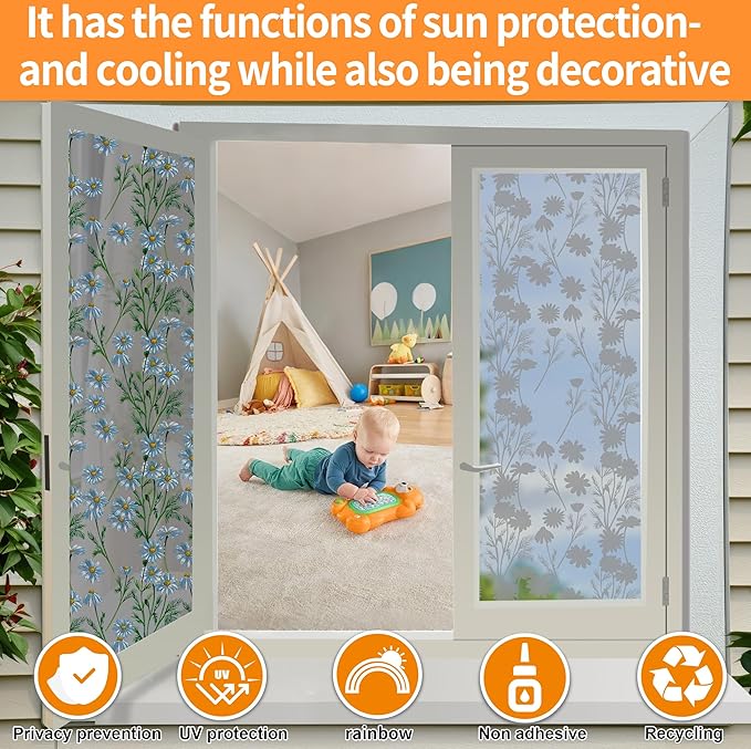 One Way Privacy Film, Window Tint for Home,Daytime Reflective, Anti UV Static Cling Sliding Door Coverings No Glue Garage Solar Paper (Black - Silver-Daisy, 35.4X 78.7 in)