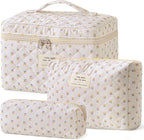 HBselect Quilted Makeup Bag, 3PCS Cotton Large Travel Makeup Bag, Cute Floral Coquette Make up Bag Cosmetic Bag Toiletry Bag for Women Girls