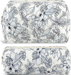2Pcs Floral Makeup Bag for Women Cotton Quilted Coquette Cosmetic Bag Cute Zipper Black Flower Makeup Pouch Aesthetic Portable Pencil Pouch Travel Toiletry Bag Trendy Cloth Skincare Bag