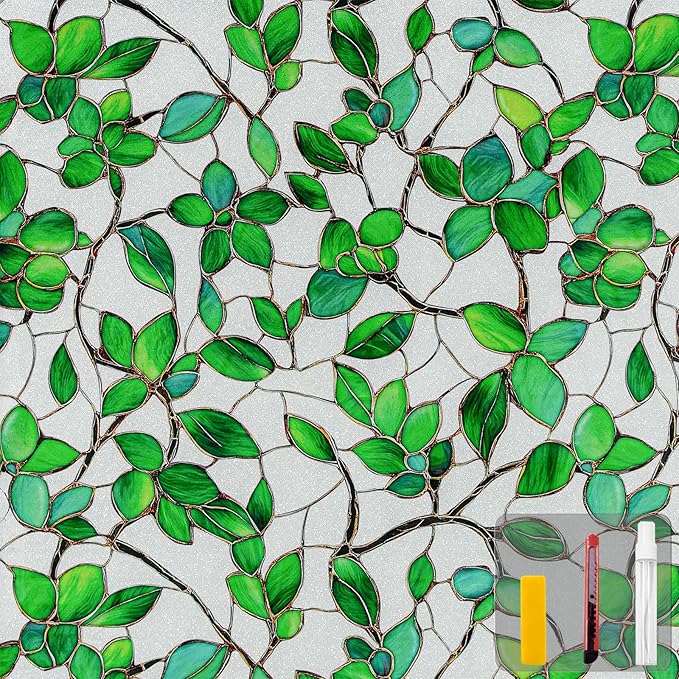 Window Privacy Film Stained Glass Window Film Frosted Window Film Window clings Non-Adhesive Reusable Decorative for Home Removable (Green Frosted, 17.5 X 78.7 in)