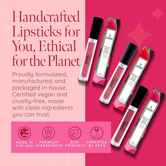 Aromi Dusty Rose Metallic Liquid Lipstick, Rosy Pink Nude Lip Color, Shimmery Finish, Waterproof, Long Lasting, Vegan, Cruelty-Free, Handmade (Pixie Dust)