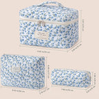 HBselect Quilted Makeup Bag, 3PCS Cotton Large Travel Makeup Bag, Cute Floral Coquette Make up Bag Cosmetic Bag Toiletry Bag for Women Girls