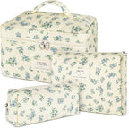 3Pcs Makeup Bag Quilted Cotton Cosmetic Bags for Women Large Small Blue Makeup Pouch Set Cute Coquette Floral Travel Bags Portable Skincare Toiletry Bag Vintage Puffy Essential Organizer