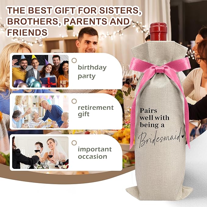 Cute Pink Bow Ribbon Engagement Gift Wine Bag - 1 PCS Bride to Be Gifts for Bridesmaids Bride and Groom Couples Her Him Will You Be My Bridesmaid for Getting Married Engagement Bridal Shower - A53