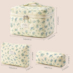 HBselect Quilted Makeup Bag, 3PCS Cotton Large Travel Makeup Bag, Cute Floral Coquette Make up Bag Cosmetic Bag Toiletry Bag for Women Girls