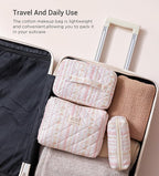 HBselect Quilted Makeup Bag, 3PCS Cotton Large Travel Makeup Bag, Cute Floral Coquette Make up Bag Cosmetic Bag Toiletry Bag for Women Girls