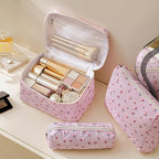 HBselect Quilted Makeup Bag, 3PCS Cotton Large Travel Makeup Bag, Cute Floral Coquette Make up Bag Cosmetic Bag Toiletry Bag for Women Girls