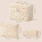 HBselect Quilted Makeup Bag, 3PCS Cotton Large Travel Makeup Bag, Cute Floral Coquette Make up Bag Cosmetic Bag Toiletry Bag for Women Girls