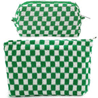 ZLFSRQ 2Pcs Checkered Makeup Bag for Women Large Small Checkered Cosmetic Bag Set Aesthetic Preppy Pencil Case Cute Pencil Pouch Green Makeup Pouch for Purse Travel Toiletry Bags Zipper Skincare Bags