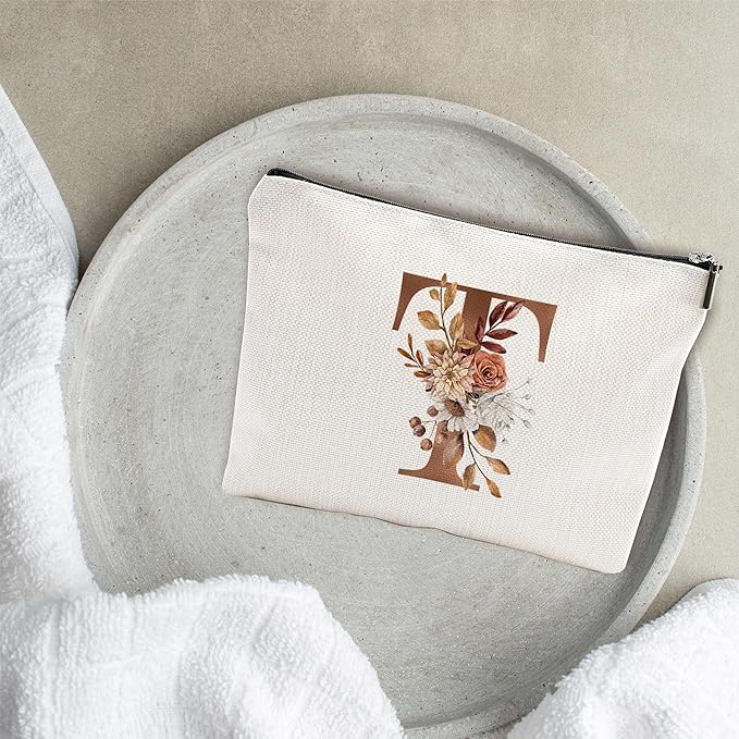 A-Z Boho Personalized Cosmetic Bag-Floral Cotton Letter Makeup Bag With Zipper-Artistic Cosmetic Bag For Travel-Bride,Birthday Gift For Women Daughter Friends-Women Makeup Organizer-A20